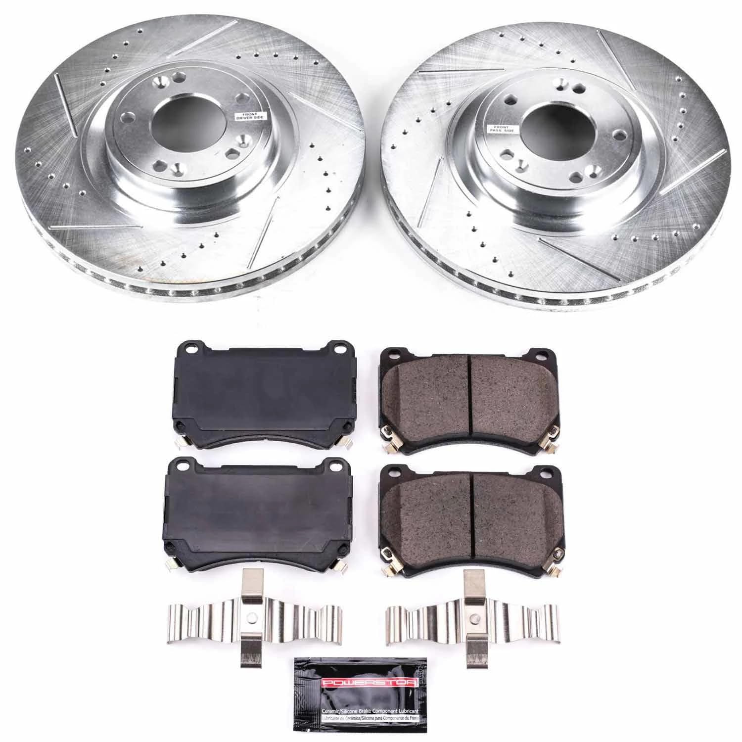 Power Stop K5843 Z23 Carbon Fiber Brake Pads Front with Drilled & Slotted Brake Rotors Kit For Hyundai Genesis 2009-2014 [Model Specific]