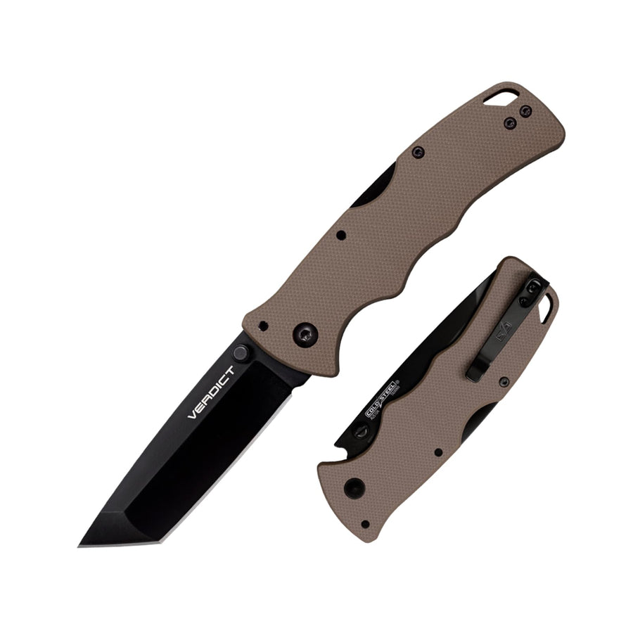 3" Cold Steel Verdict AUS10A Tanto Point Blade 4.25" G-10 FDE Handle Everyday Carry Tactical Folding Knife with Tri-Ad Lock
