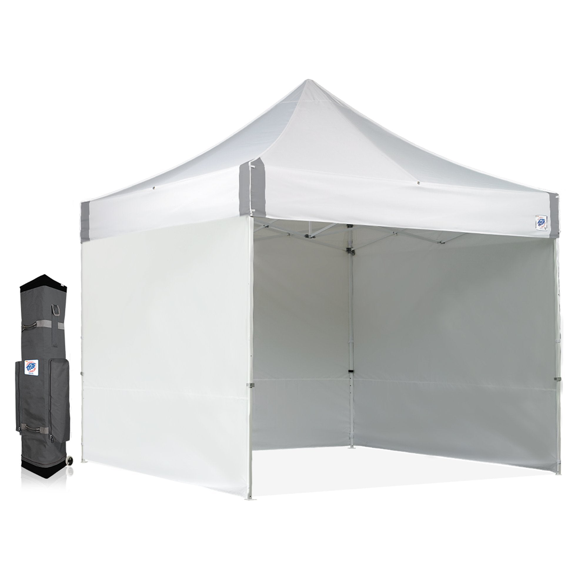 E-Z UP Instant Commercial Pop Up Canopy Tent ES100S, 10' x 10' with 3 Sidewalls, 1 Mid-Zip Sidewall and Wide-Trax Roller Bag, White