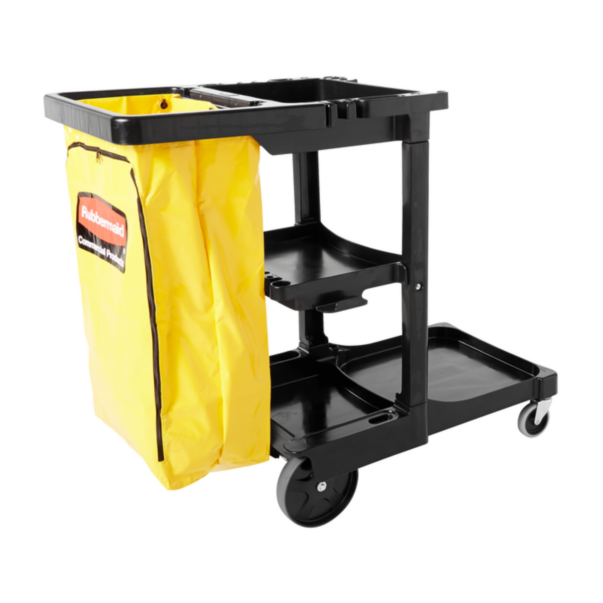 Rubbermaid Commercial 3-Shelf Traditional Janitorial Cleaning Cart, Wheeled with Zippered Yellow Vinyl Bag, for Business/School/Office/Janatorial Cleaning