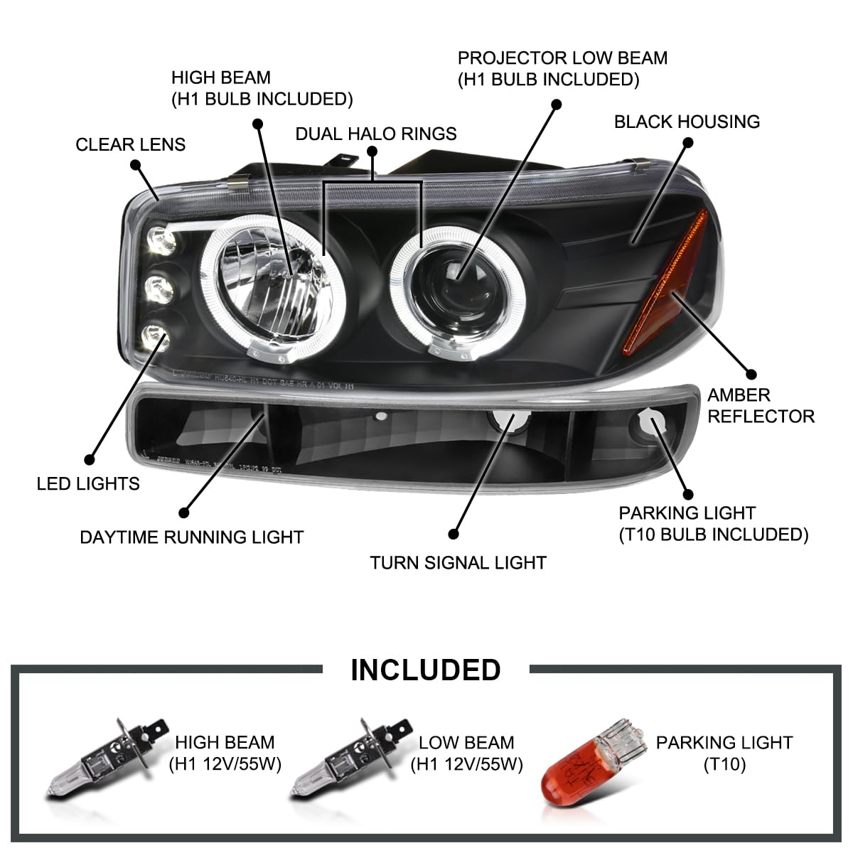 Spec-D Tuning Clear Lens Black Housing LED Halo Projector Headlights + Bumper Lights Compatible with 1999-2006 GMC Sierra 1500/2500/3500, Left + Right Pair Headlamps Assembly