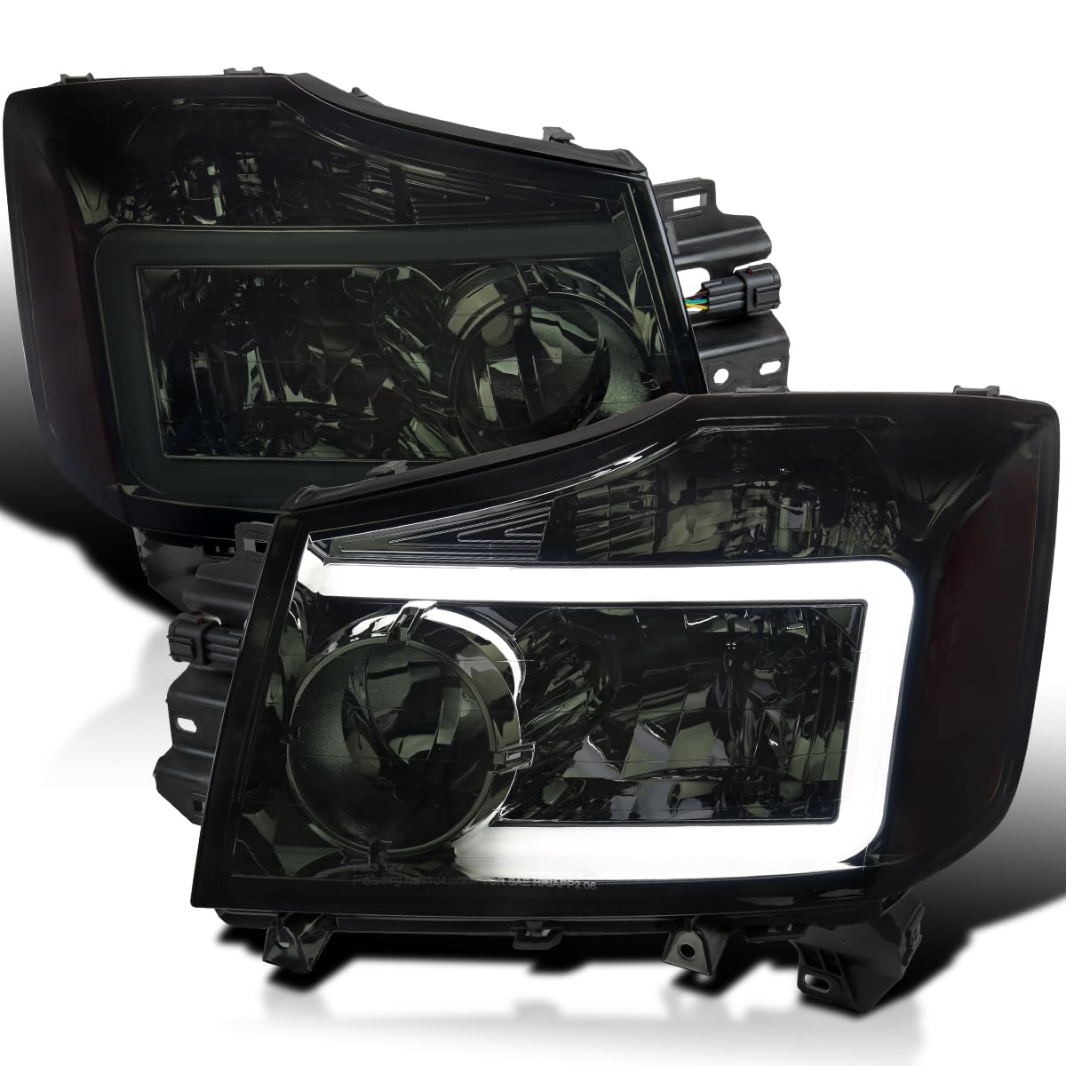 Smoke Headlights w/LED Light Bar SPEC-D TUNING Compatible with 2004-2015 Nissan Titan, 2004-2007 Armada, Left + Right Pair Headlamp Assembly