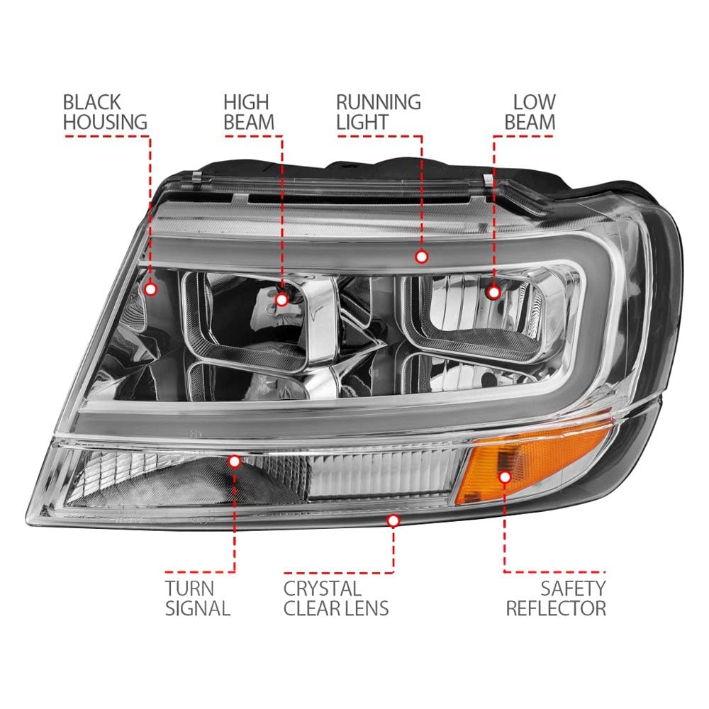 1999-2004 Jeep Grand Cherokee ANZO Crystal Headlights w/Light Bar Chrome Housing (111538)