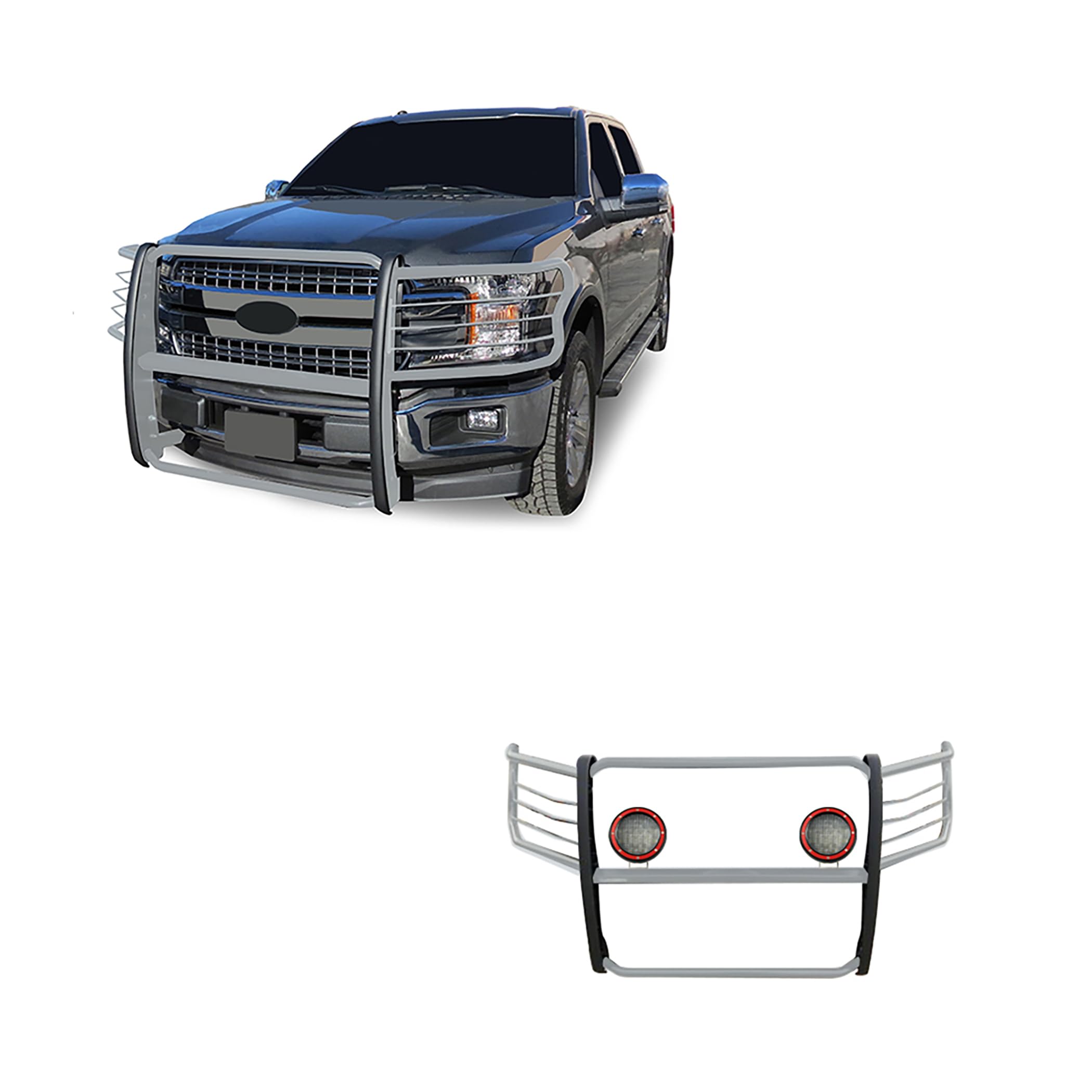 Bumper Guard Black Horse Grille Brush Modular Stainless Steel Come with Pair of 5.3" Dia.LED Lights with Red Trim Rings Compatible with 2015-2024 Ford F-150-17FP32MSS-PLFR