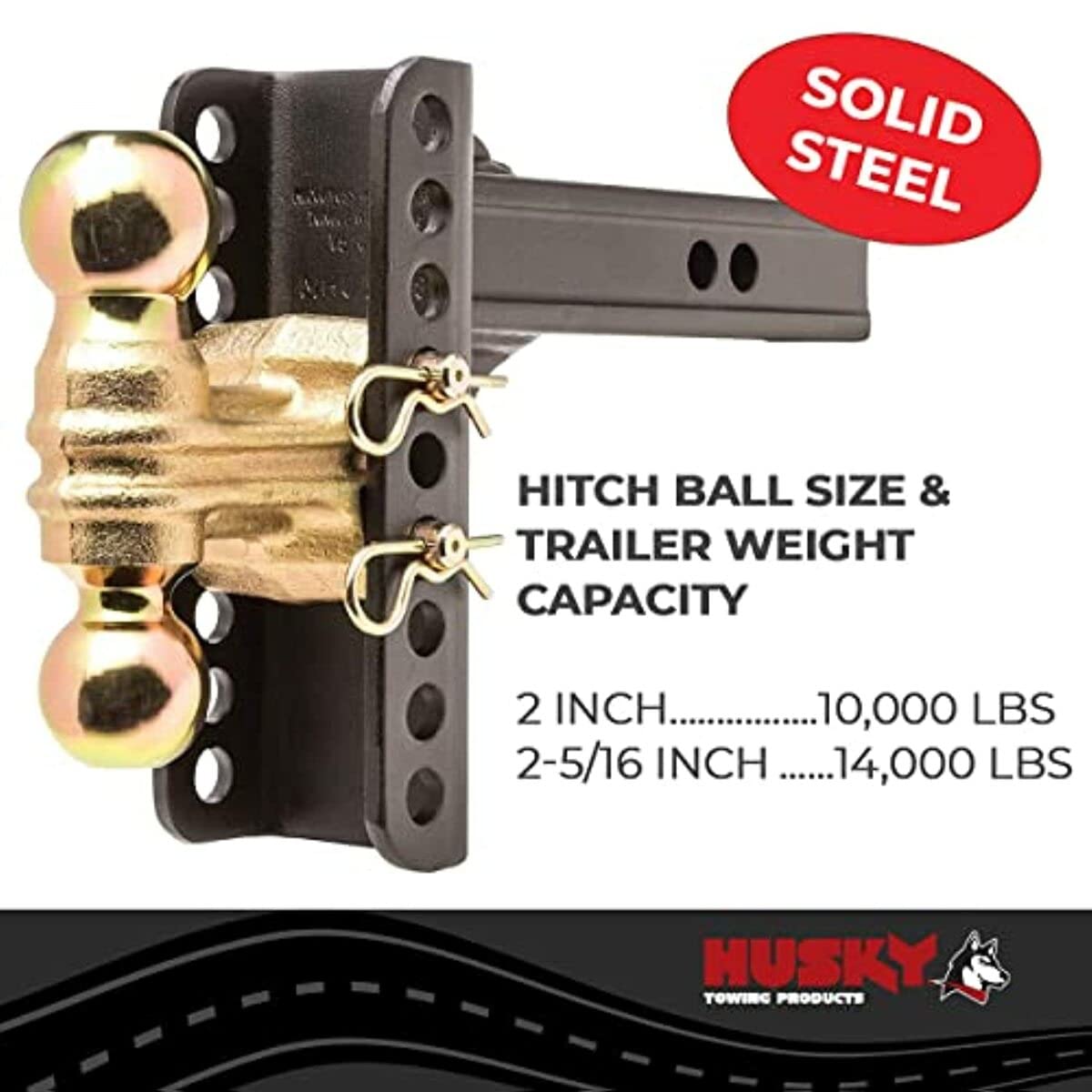 Trailer Hitch Ball Mount Husky Towing 33104 Class III/IV - Fits 2 Inch Receiver, Dual Hitch Ball 2” & 2-5/16”, 6” Drop / 5-1/4” Rise, 12” Solid Steel Shank, 14,000 lbs GTW, Black Powder Coated