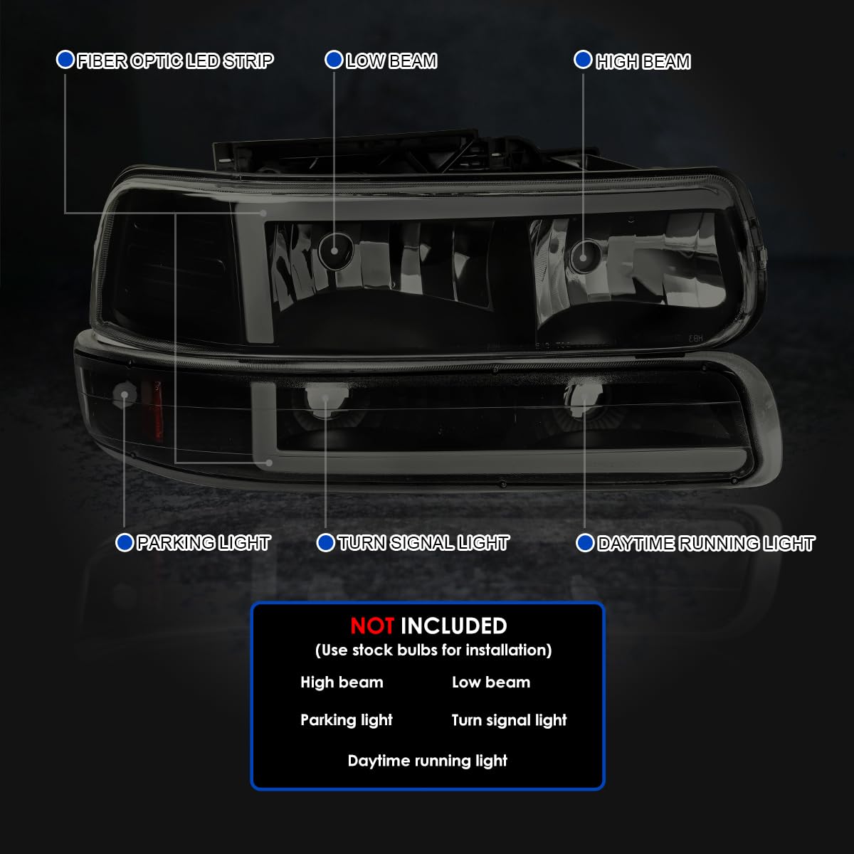 Black Smoke LED Bar Headlights + Bumper Lights SPEC-D TUNING Compatible with 1999-2002 Chevy Silverado 2000-2006 Tahoe Suburban, Left + Right Pair Headlamps Assembly