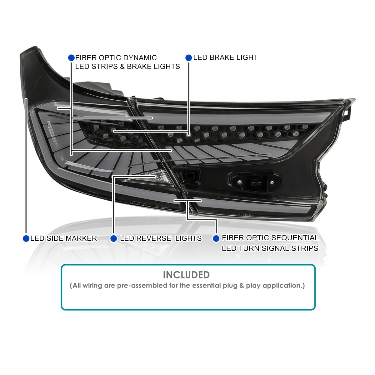 Black Smoke LED Sequential Tail Lights SPEC-D TUNING w/White Light Strips and Startup Animation Compatible with 2018-2022 Honda Accord 4Dr Sedan, Left + Right Pair Assembly