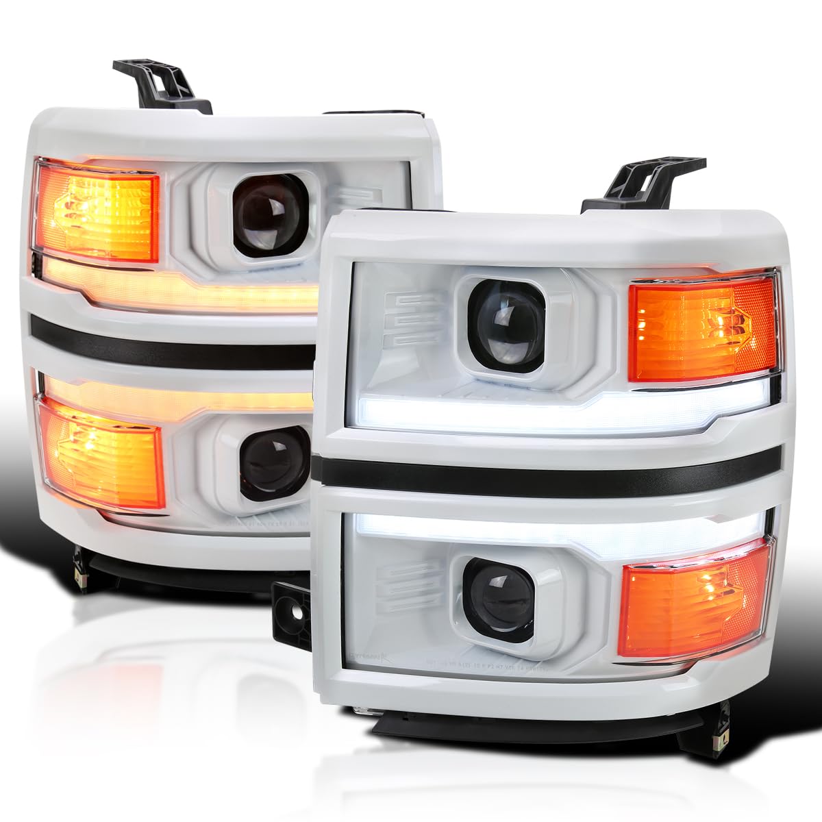 Special Edition SPEC-D TUNING Arctic White Projector Headlights w/Sequential Switchback LED Strip and Startup Animation Compatible with 2014-2015 Chevy Silverado 1500, Left + Right Pair Headlamps