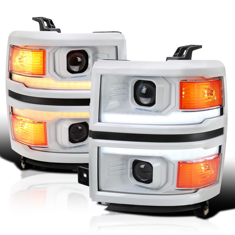 Special Edition SPEC-D TUNING Arctic White Projector Headlights w/Sequential Switchback LED Strip and Startup Animation Compatible with 2014-2015 Chevy Silverado 1500, Left + Right Pair Headlamps