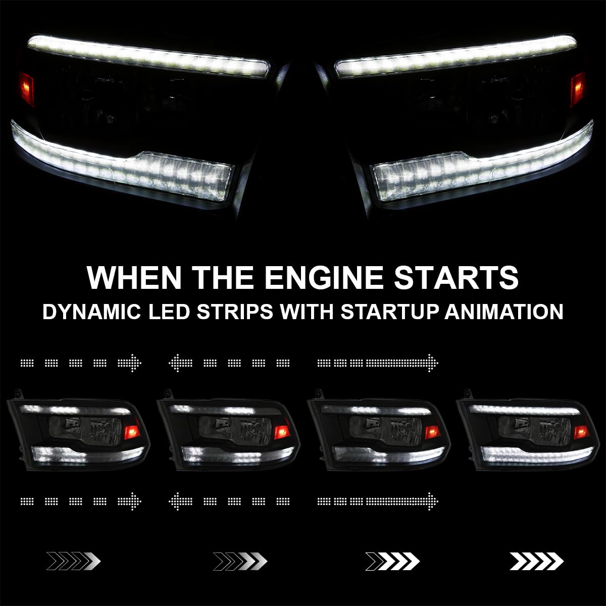 Black Smoke SPEC-D TUNING Switchback Sequential LED Signal Strip Headlights w/Startup Animation Compatible with 2009-2018 Dodge Ram 1500, 2010-2018 Ram 2500 3500, Left + Right Pair Headlamps Assembly
