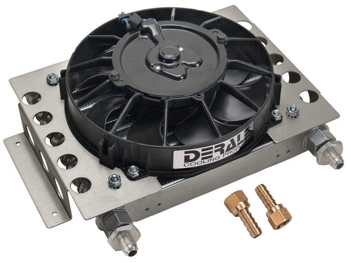 Derale Fluid Performance Cooler and Fan, 12.75 x 9.375 x 4.313 in, Plate and Fin Type, 5/8-18 in Female O-Ring Inlet/Outlet, 6 AN Male Adapters, Fittings, Aluminum, Black Powder Coat, Universal