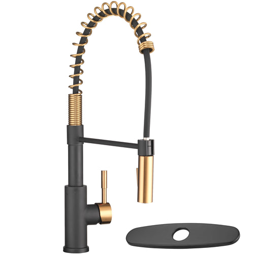 Dura Faucet RV DF-MK504SLK-MBRG High-Arc Spring Kitchen Sink Faucet - Single Handle - Kitchen Faucet with Pull-Down Sprayer - Optional Deck Plate (Matte Black/Rose Gold)