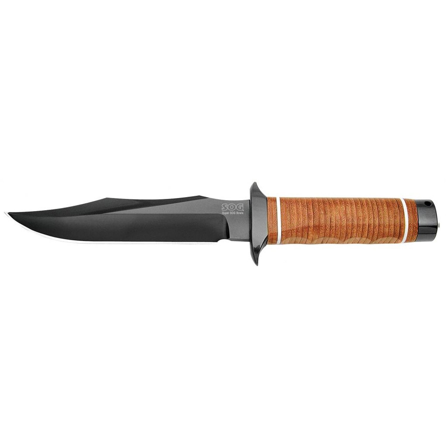 SOG 7.5" Super Bowie Black TiNi Fixed Blade Leather Handles Leather Sheath