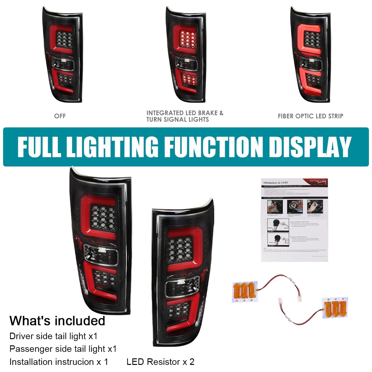 Jet Black SPEC-D TUNING Tail Lights w/Red LED Bar Compatible with 2009-2014 Ford F150, Left + Right Pair Assembly