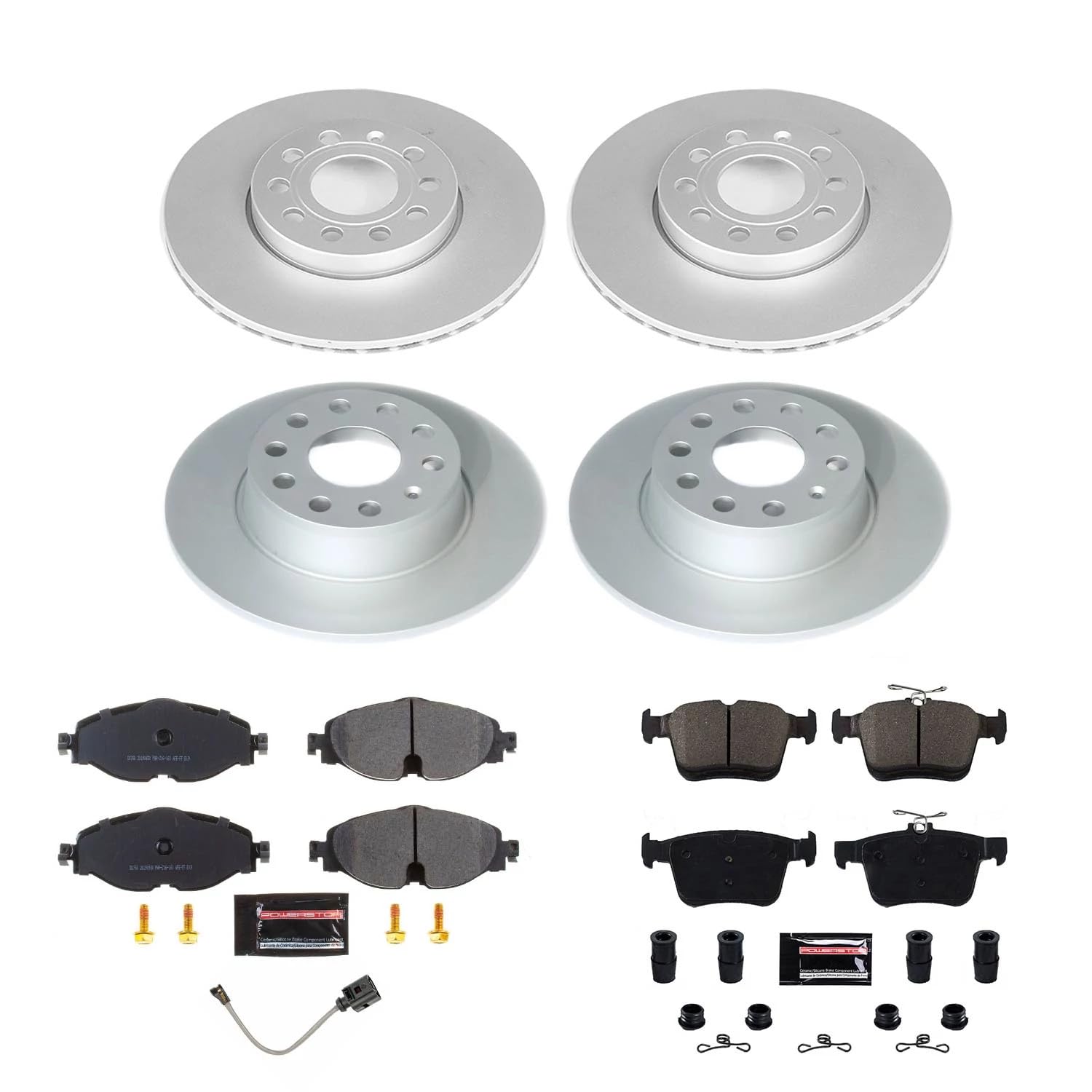 Power Stop Z17 Coated Rotor Kit-CRK8365 Front and Rear Coated Brake Rotors, Ceramic Brake Pads and 1 Front Sensor Wire For Volkswagen Jetta 2019-2022 [Model Specific]
