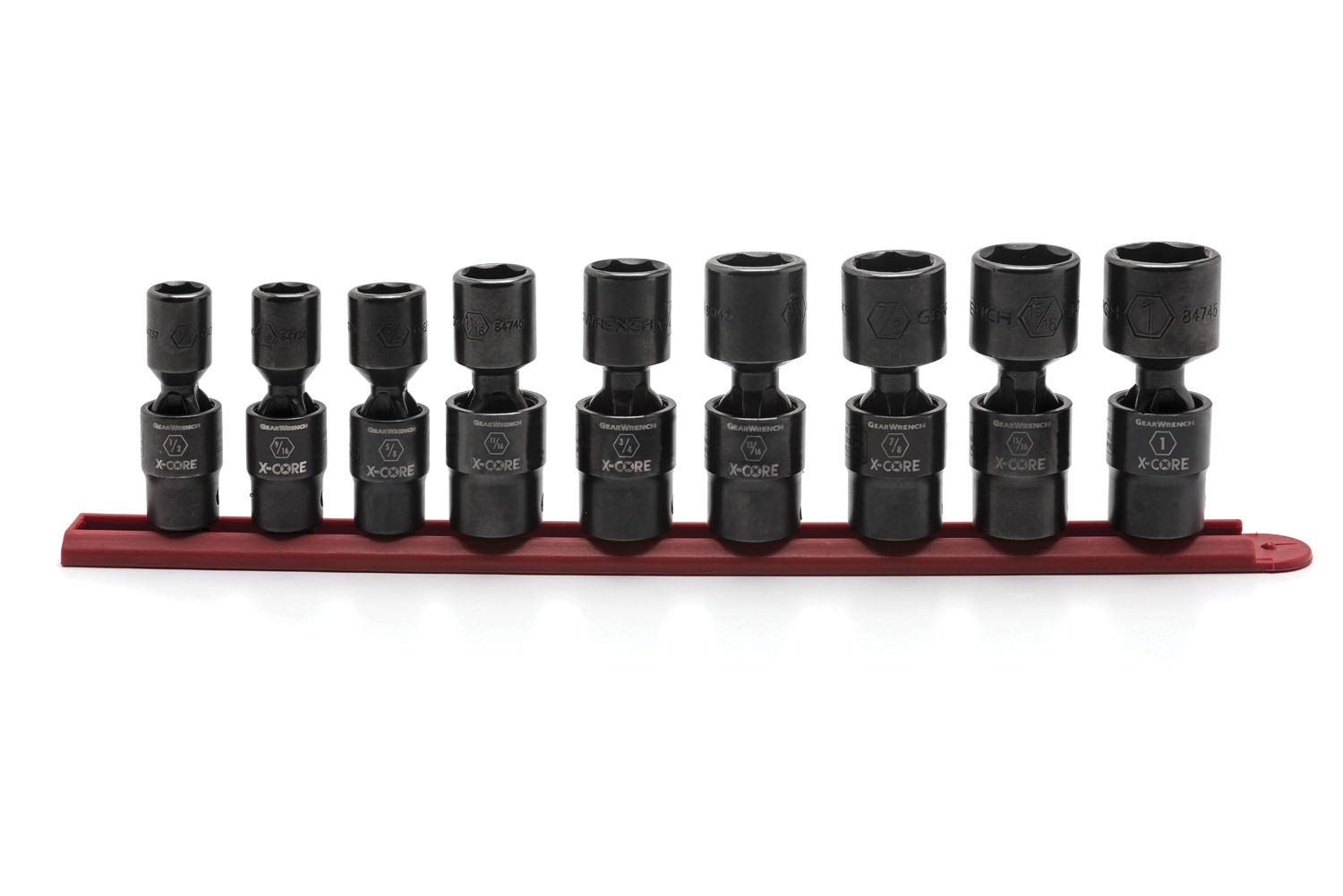 9 Pc. GEARWRENCH 1/2" Drive 6 Point Standard X-Core™ Pinless Universal Impact SAE Socket Set - 84978