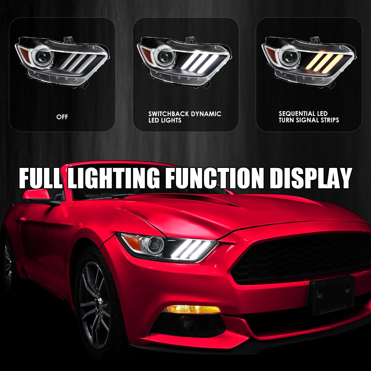 Black Projector Headlights SPEC-D TUNING w/LED Sequential Switchback Turn Signal Strips and Startup Animation Compatible with 2015-2020 Ford Mustang, Left + Right Pair Headlamps Assembly