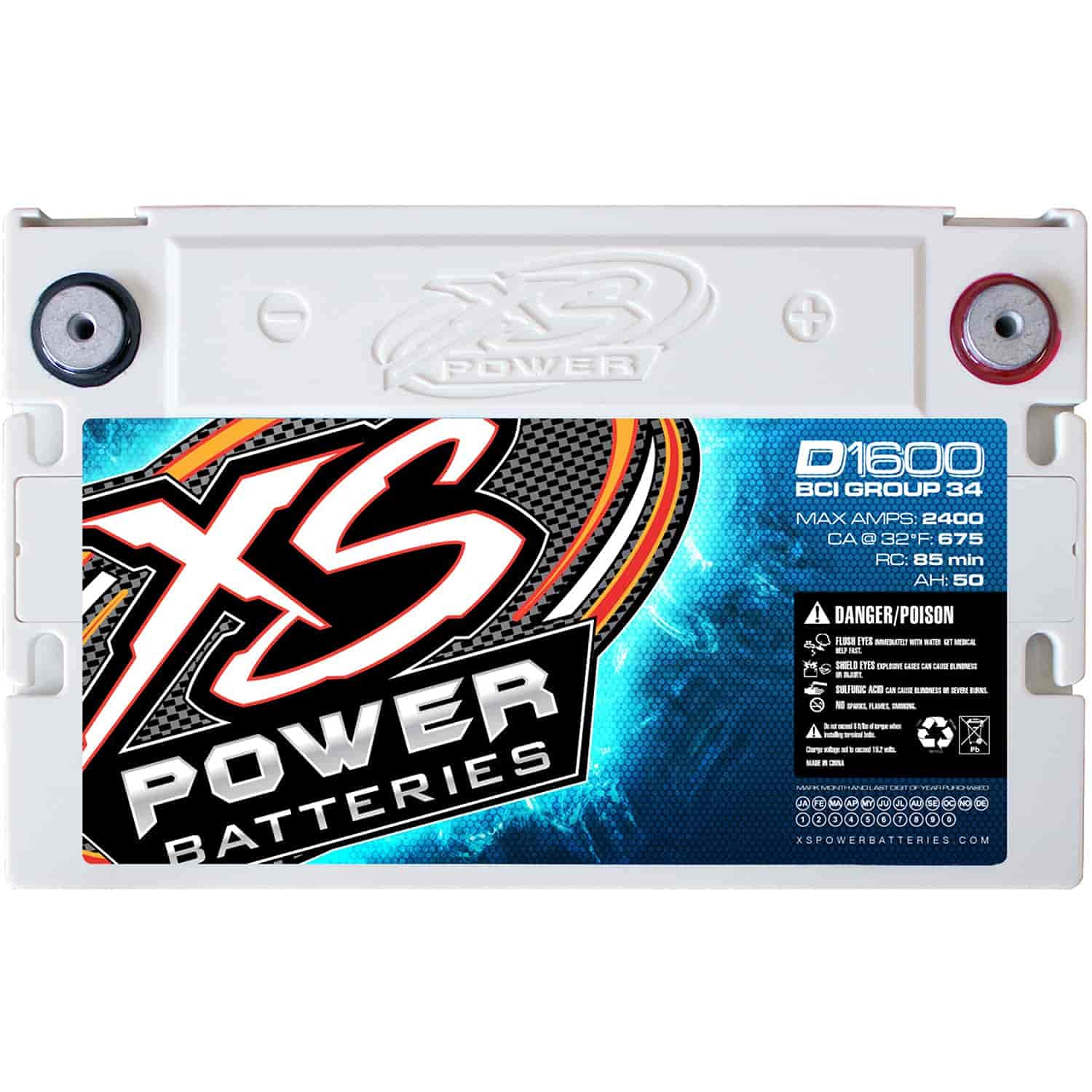 D1600 XS Power 2400 Amp AGM Racing Battery with 587 Stud Adapter Hardware - Group 34 16 Volt 56Ah 775CA Deep Cycle AGM Powercel