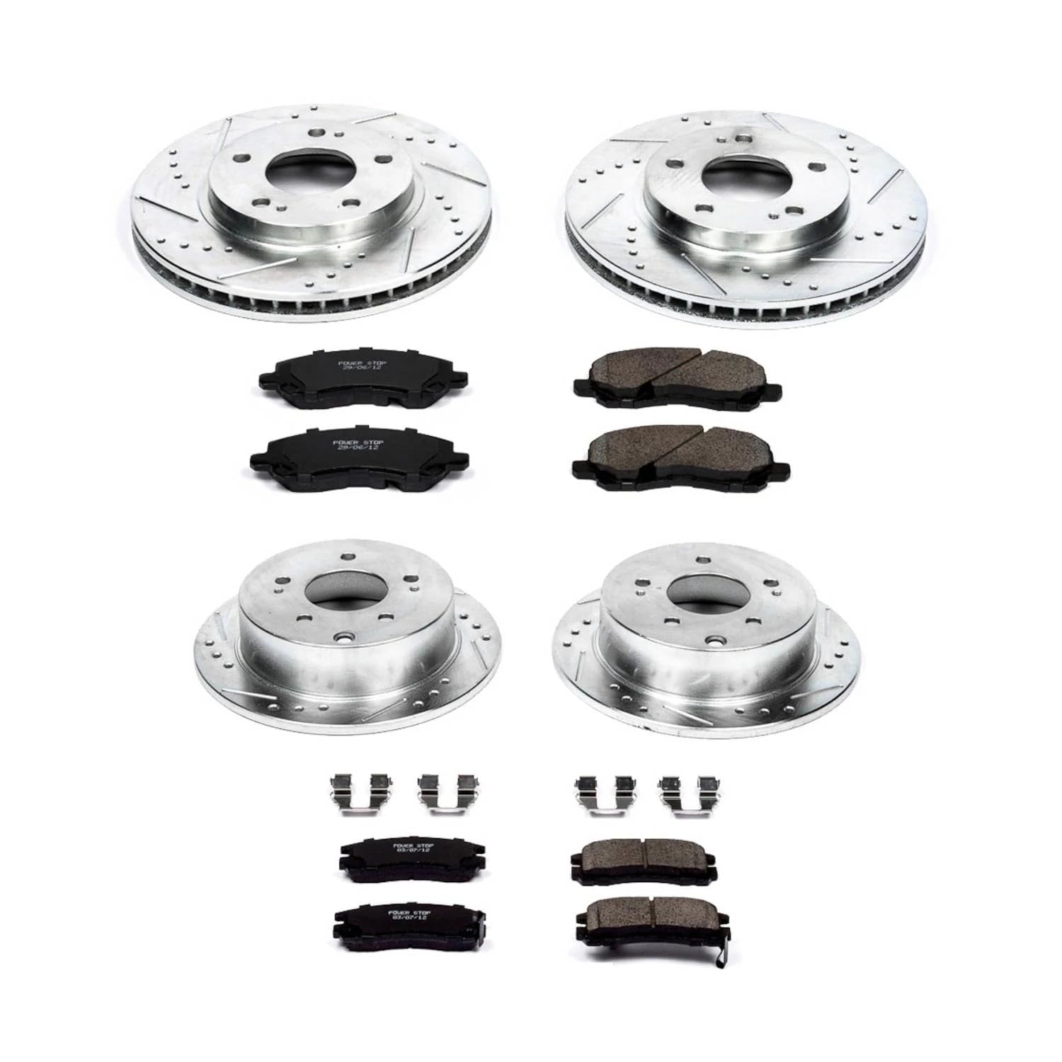 Power Stop K2395 Z23 Carbon Fiber Brake Pads Front and Rear with Drilled & Slotted Brake Rotors Kit For Mitsubishi Galant 2004-2012 [Model Specific]