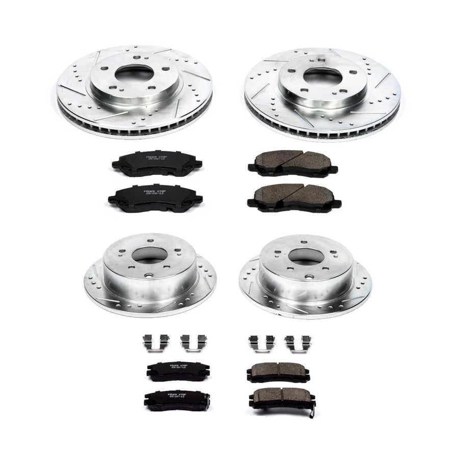 Power Stop K2395 Z23 Carbon Fiber Brake Pads Front and Rear with Drilled & Slotted Brake Rotors Kit For Mitsubishi Galant 2004-2012 [Model Specific]