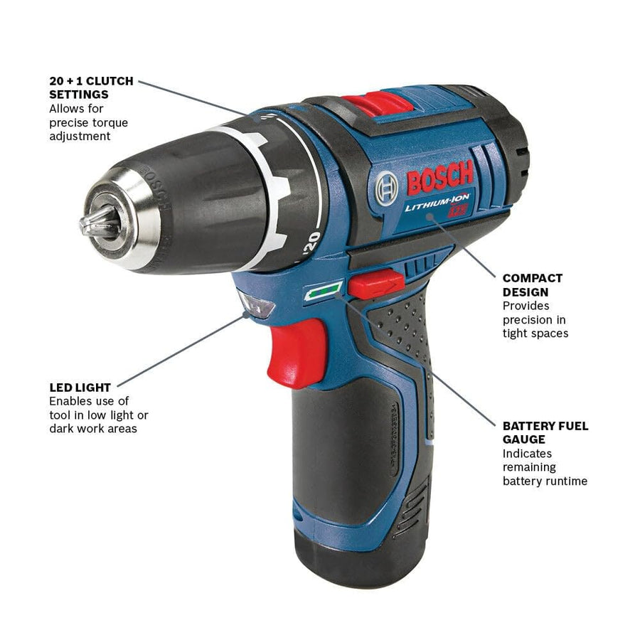 12V Max BOSCH PS31-2A 3/8 Inch Drill/Driver Kit with (2) 2 Ah Batteries and Charger, Variable Speed