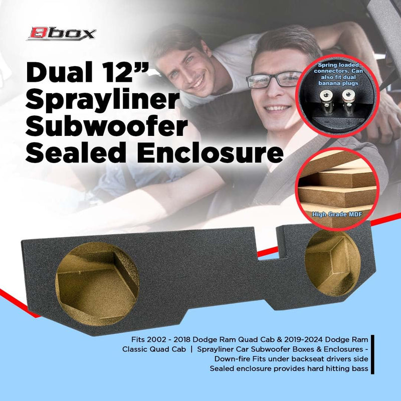 Atrend Bbox 12 Inch Dual Sprayliner Subwoofer Sealed Enclosure - Fits 2002 - 2018 Dodge Ram Quad Cab - Sprayliner Car Subwoofer Boxes & Enclosures - Subwoofer Box Audio Quality, Sound and Bass