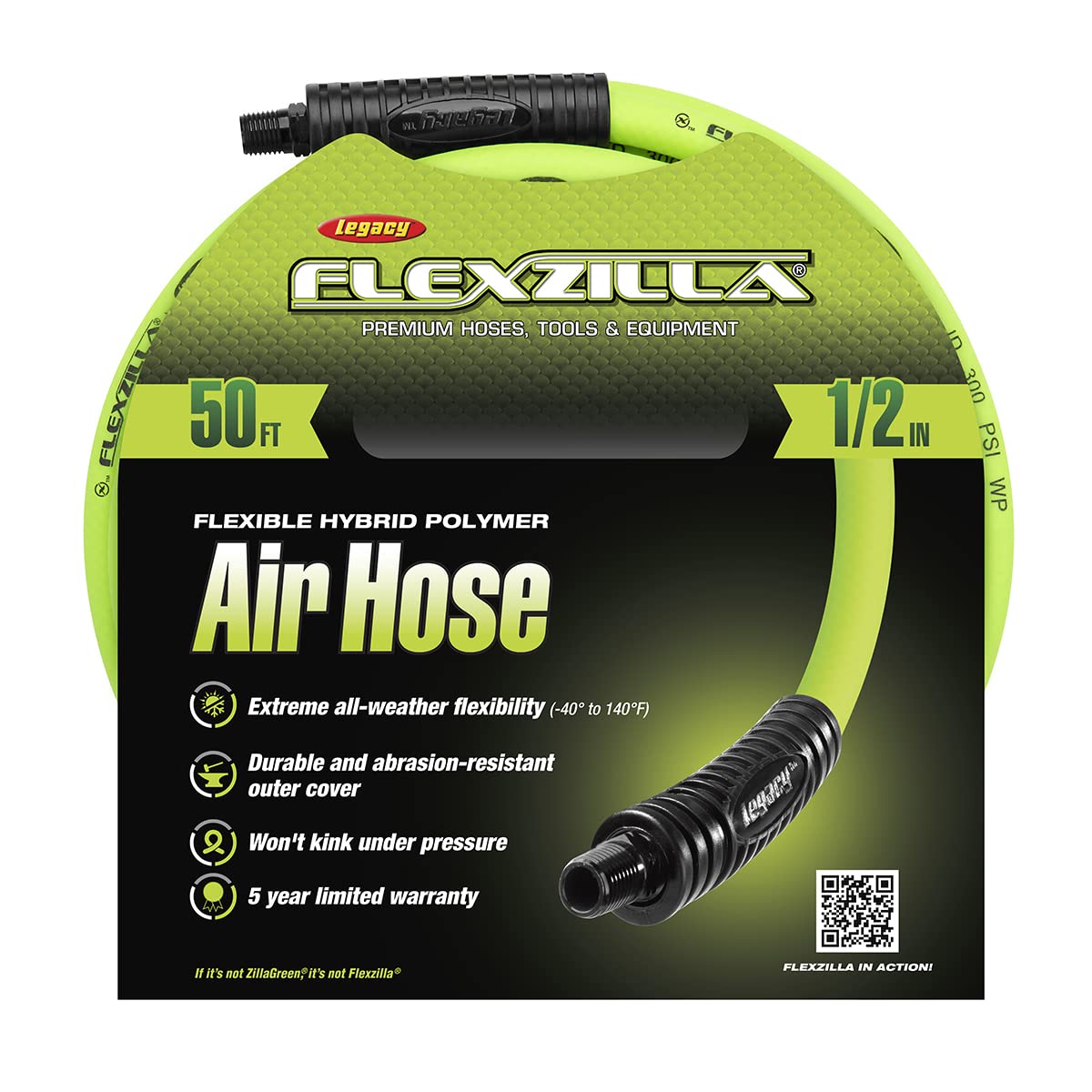 Air Hose Flexzilla, 1/2 in. x 50 ft., 3/8 in. MNPT Fittings Heavy Duty, Lightweight, Hybrid, ZillaGreen - HFZ1250YW3