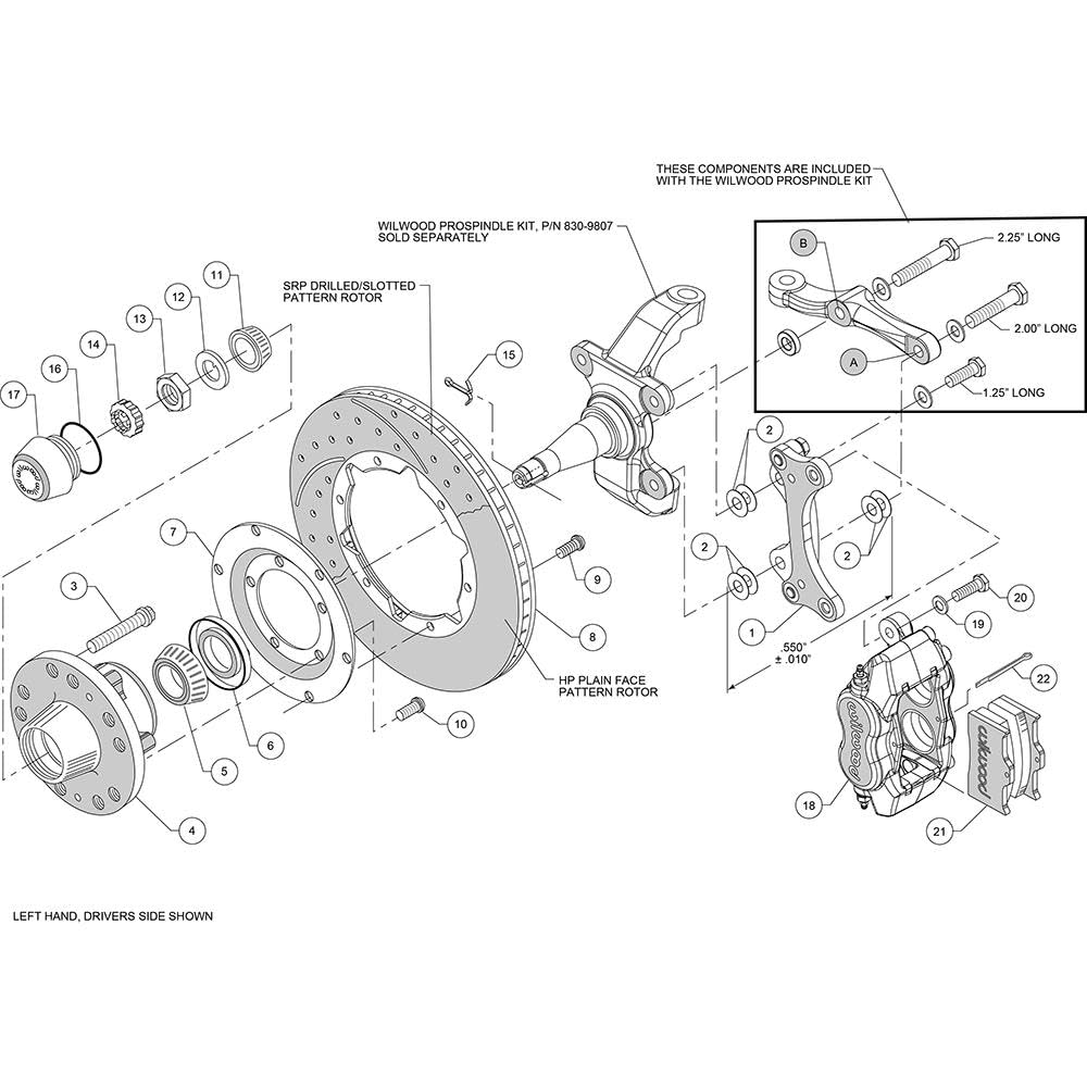 Wilwood Brake System, Front, Dynalite, 4 Piston Caliper, 11.00 in Drilled/Slotted Iron Rotor, Offset, Aluminum, Black Powder Coat, ProSpindle, Kit
