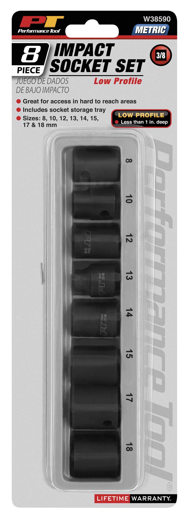 8pc Performance Tool W38590 Low Profile 3/8-Inch Drive MET Socket Set with Carrying Case - Perfect for Tight Spaces and Hard-to-Reach Areas