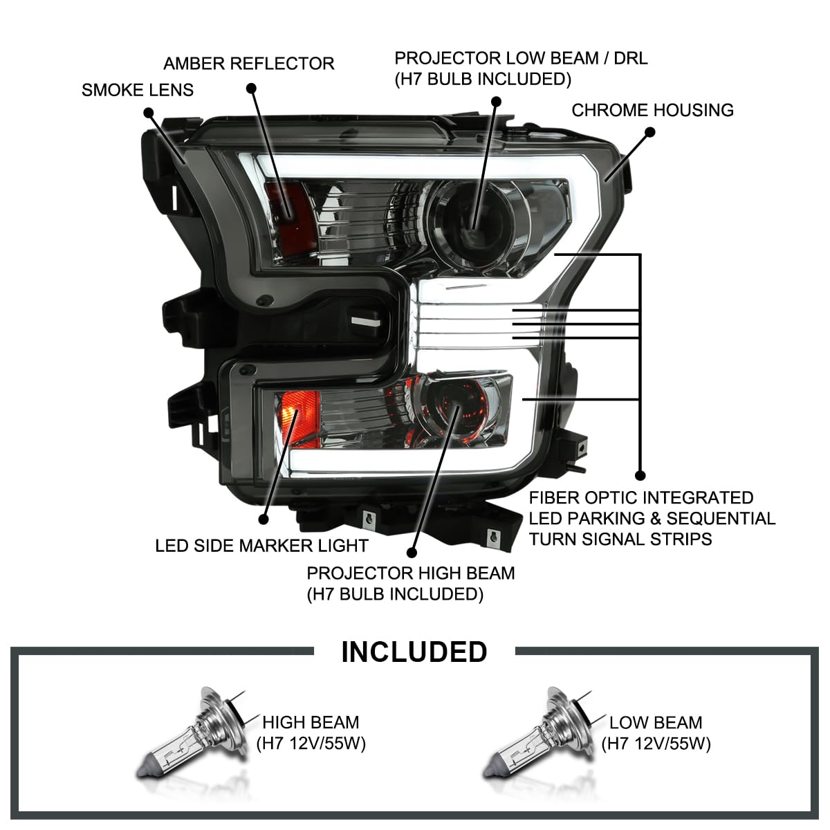 Dual Projector Headlights SPEC-D TUNING w/Switchback Sequential LED Tube Signal Compatible with 2015-2017 Ford F150 Left + Right Pair Headlamps Assembly