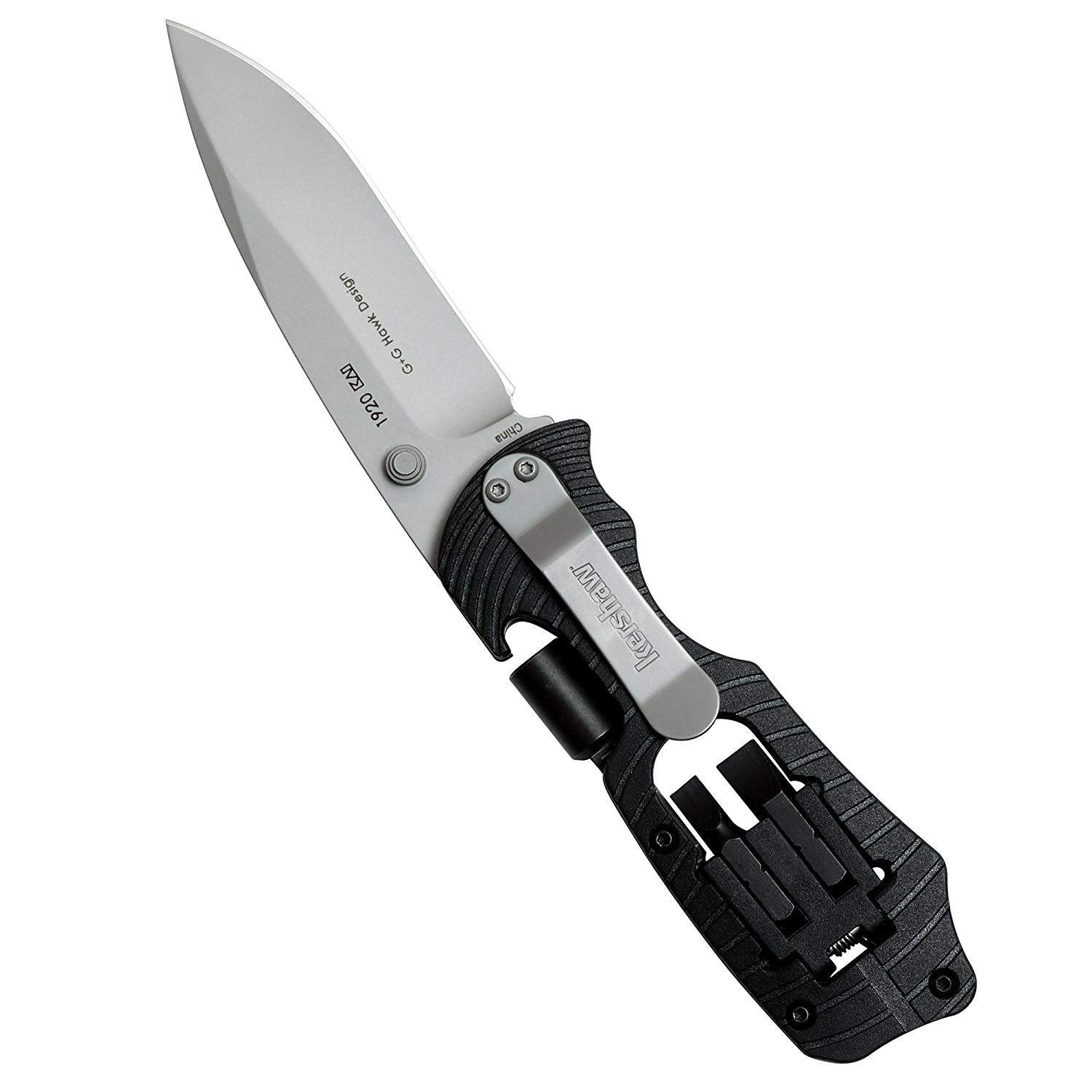 Select Fire Kershaw (1920); Multifunction Pocketknife with 3.4-Inch 8Cr13MoV Stainless Steel Blade, Black Glass-Filled Nylon Handle, 1/4-Inch Hex Drive, 2 Flathead Bits and 2 Crosshead Bits; 5 oz.