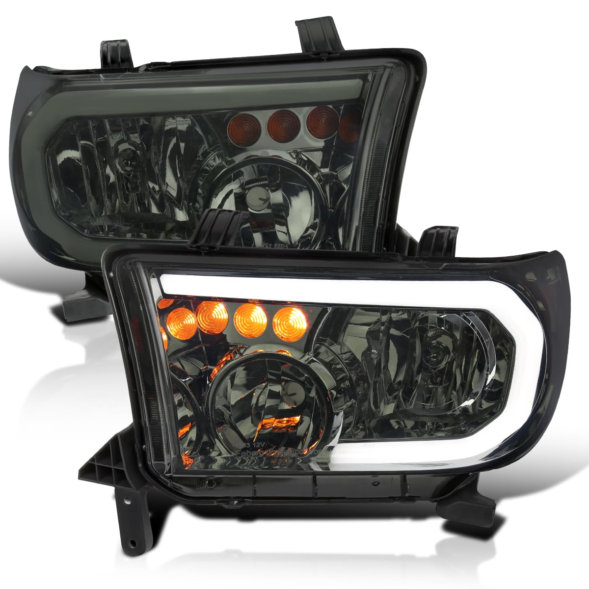 Smoke Headlights w/LED Tube SPEC-D TUNING Compatible with 2007-2013 Toyota Tundra, Left + Right Pair Headlamp Assembly