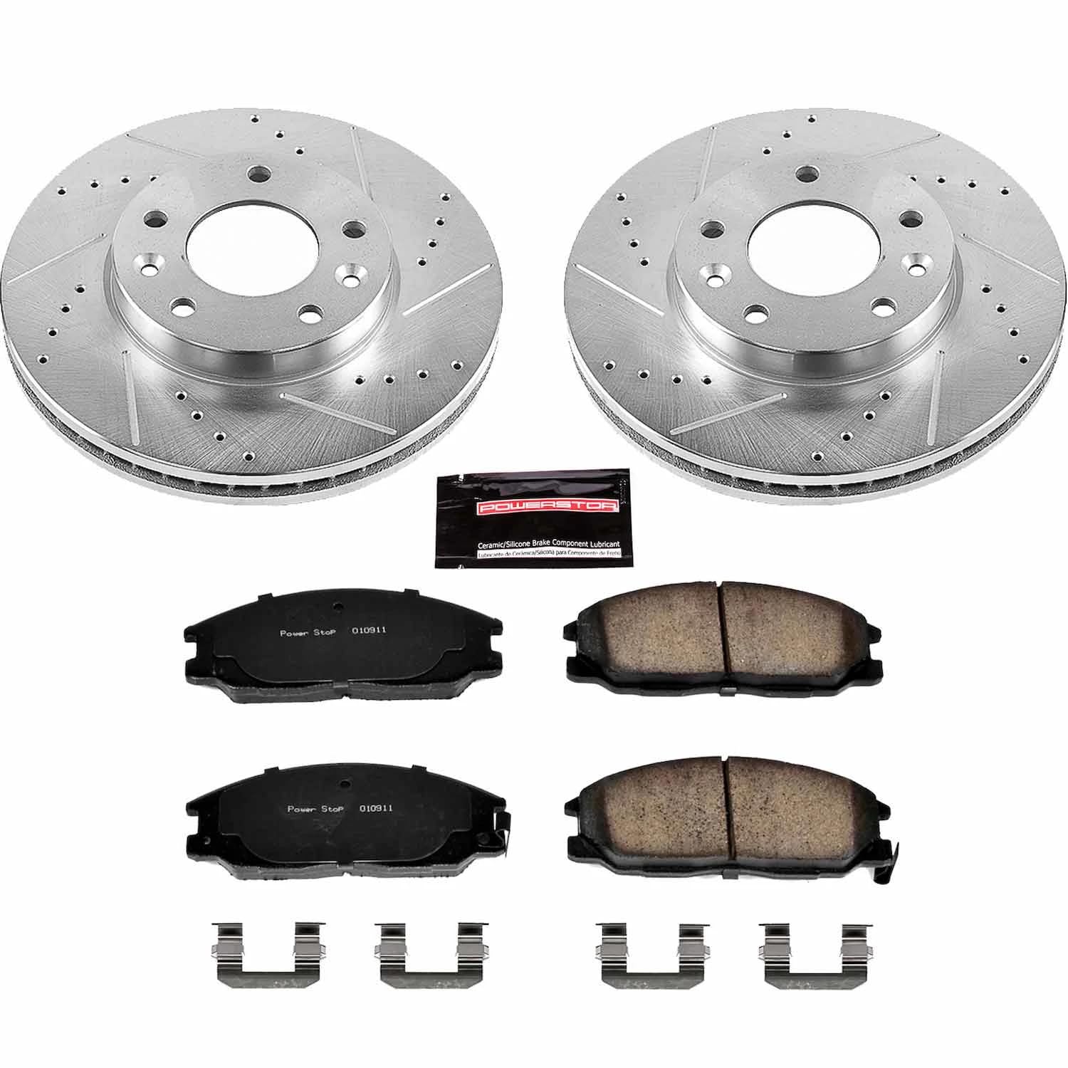 Power Stop K6108 Z23 Carbon Fiber Brake Pads Front with Drilled & Slotted Brake Rotors Kit For Kia Sedona 2004-2005 [Model Specific]