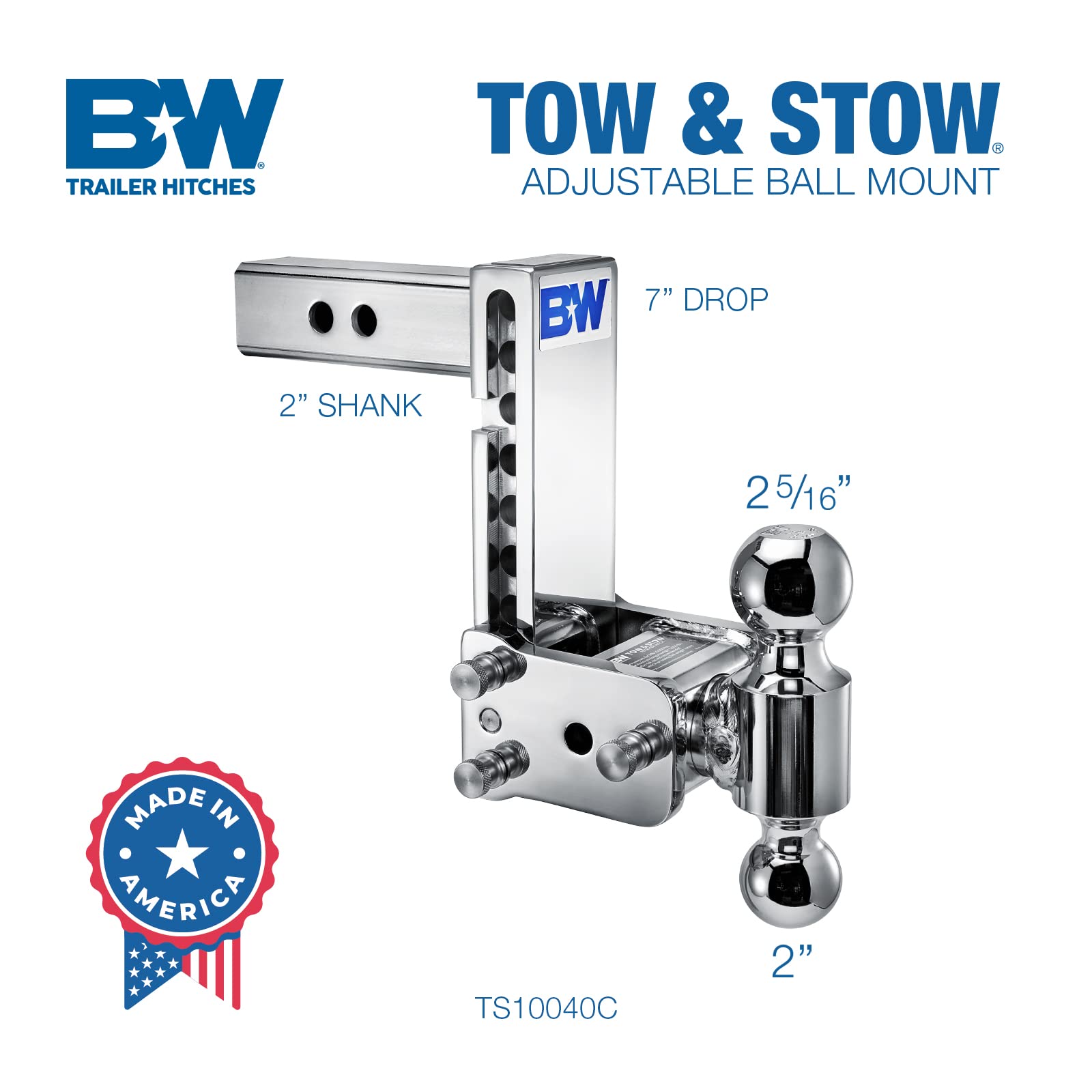 B&W Trailer Hitches Tow & Stow Chrome Adjustable Trailer Hitch Ball Mount - Fits 2" Receiver, Dual Ball (2" x 2-5/16"), 7" Drop, 10,000 GTW - TS10040C