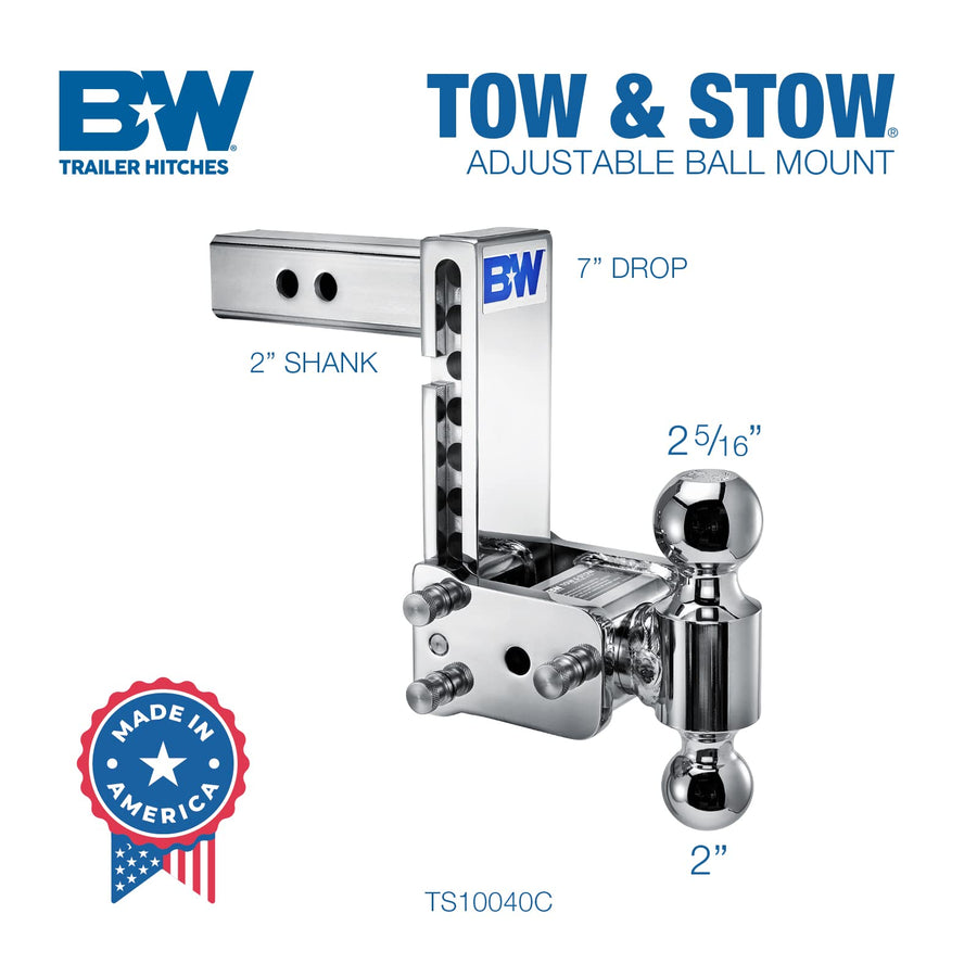 B&W Trailer Hitches Tow & Stow Chrome Adjustable Trailer Hitch Ball Mount - Fits 2" Receiver, Dual Ball (2" x 2-5/16"), 7" Drop, 10,000 GTW - TS10040C