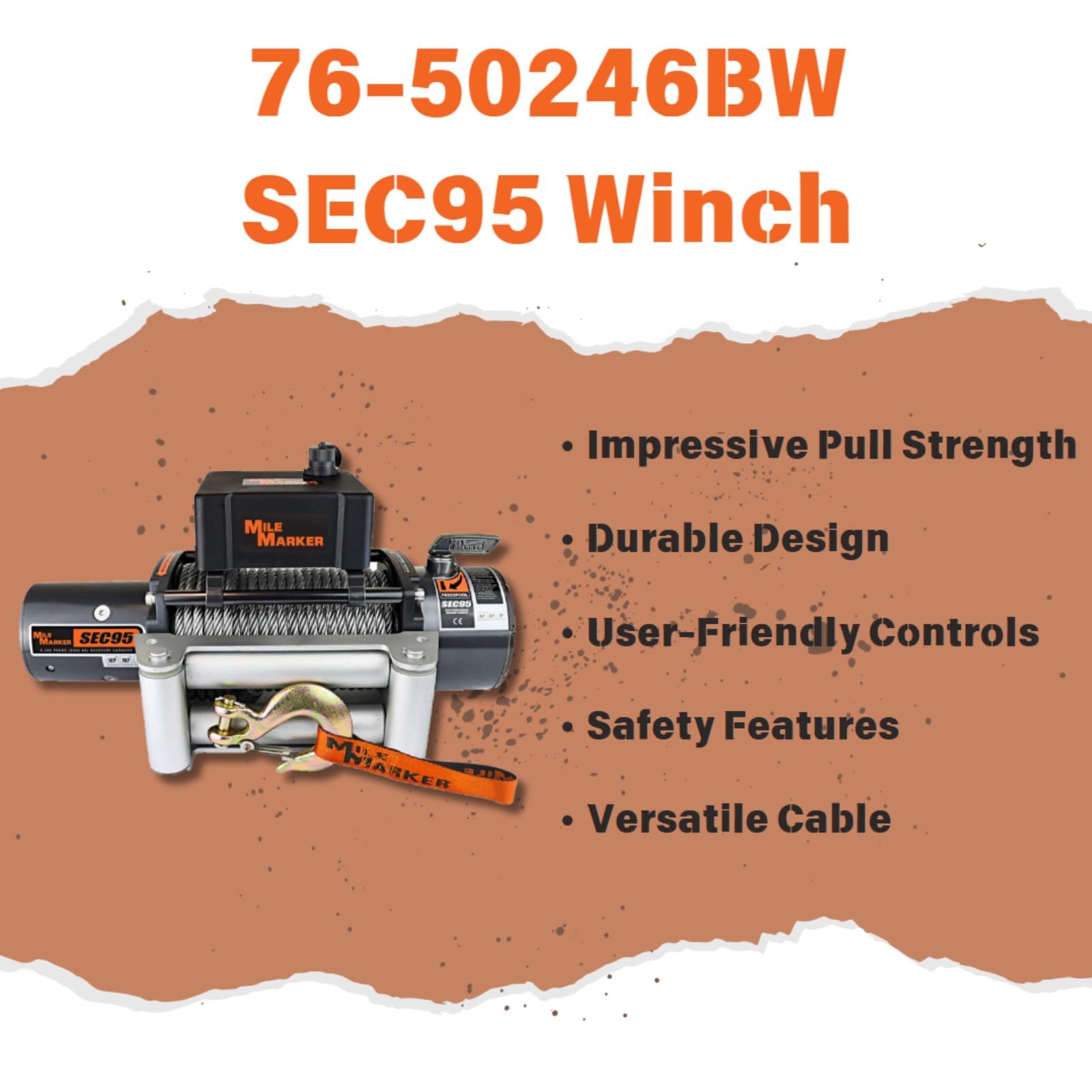 SEC95 Mile Marker 76-50246BW Winch - 9500 lb. Weight Capacity - Steel Cable & Roller Fairlead - Corrosive Resistant Materials - Remote Control Included - Fully Sealed 400 Amp Solenoids