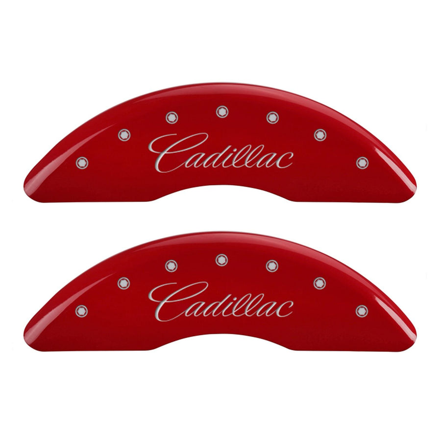 Caliper Covers MGP Compatible with 2016-2019 Cadillac CT6 (Requires 19"+ Wheels) Powder-Coated Finish, 4 PCS Front and Rear (Red - Cadillac Cursive Engraving)