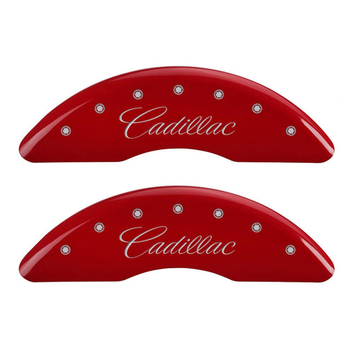 Caliper Covers MGP Compatible with 2016-2019 Cadillac CT6 (Requires 19"+ Wheels) Powder-Coated Finish, 4 PCS Front and Rear (Red - Cadillac Cursive Engraving)