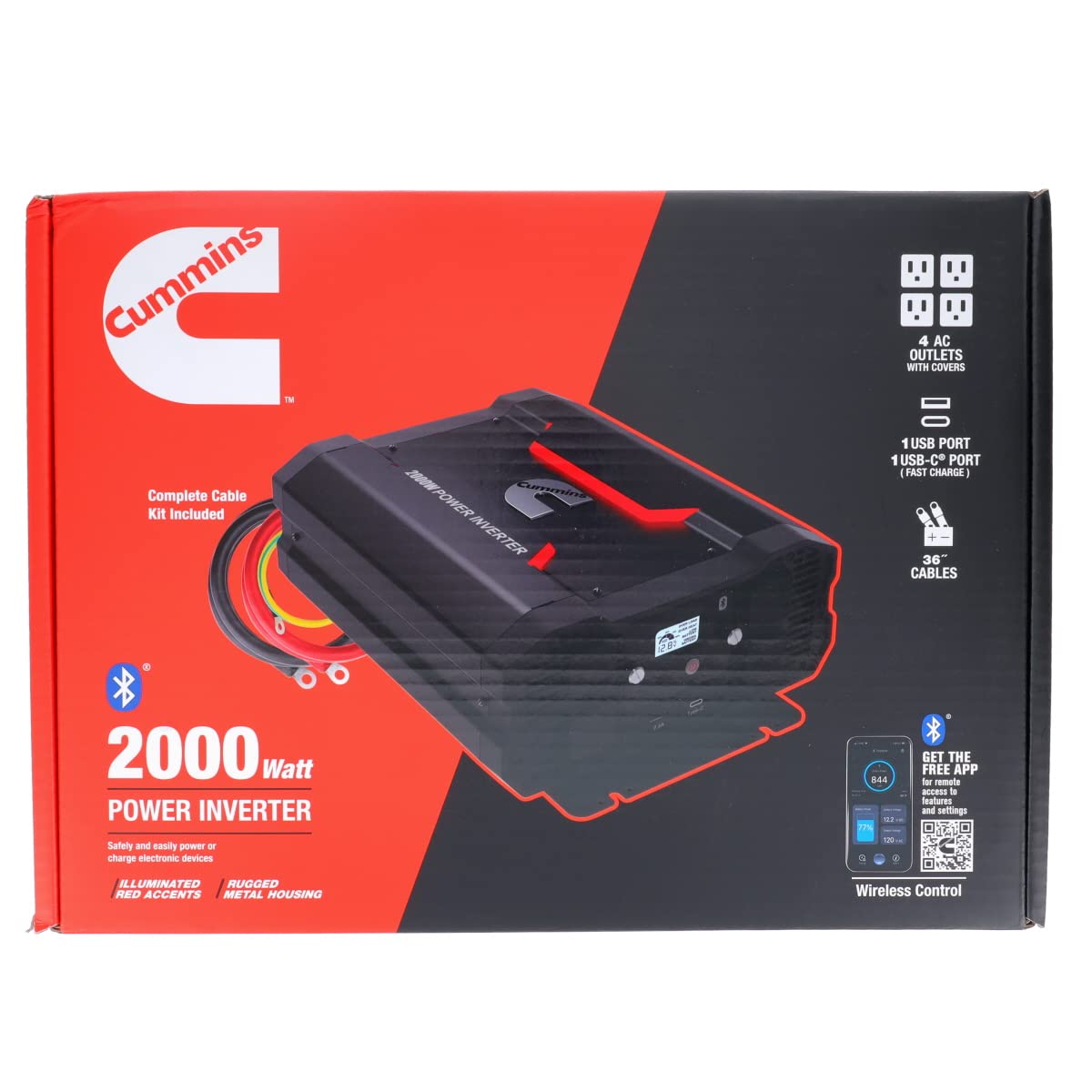 2000 Watts Cummins Inverter Modified Sine Wave Truck Inverter 12 Volts to 110 Volts Four AC Outlets Two USB Ports (Plus Full Cable Kit) - CMN2000W - Inverters for Vehicles, Van Life, Camping