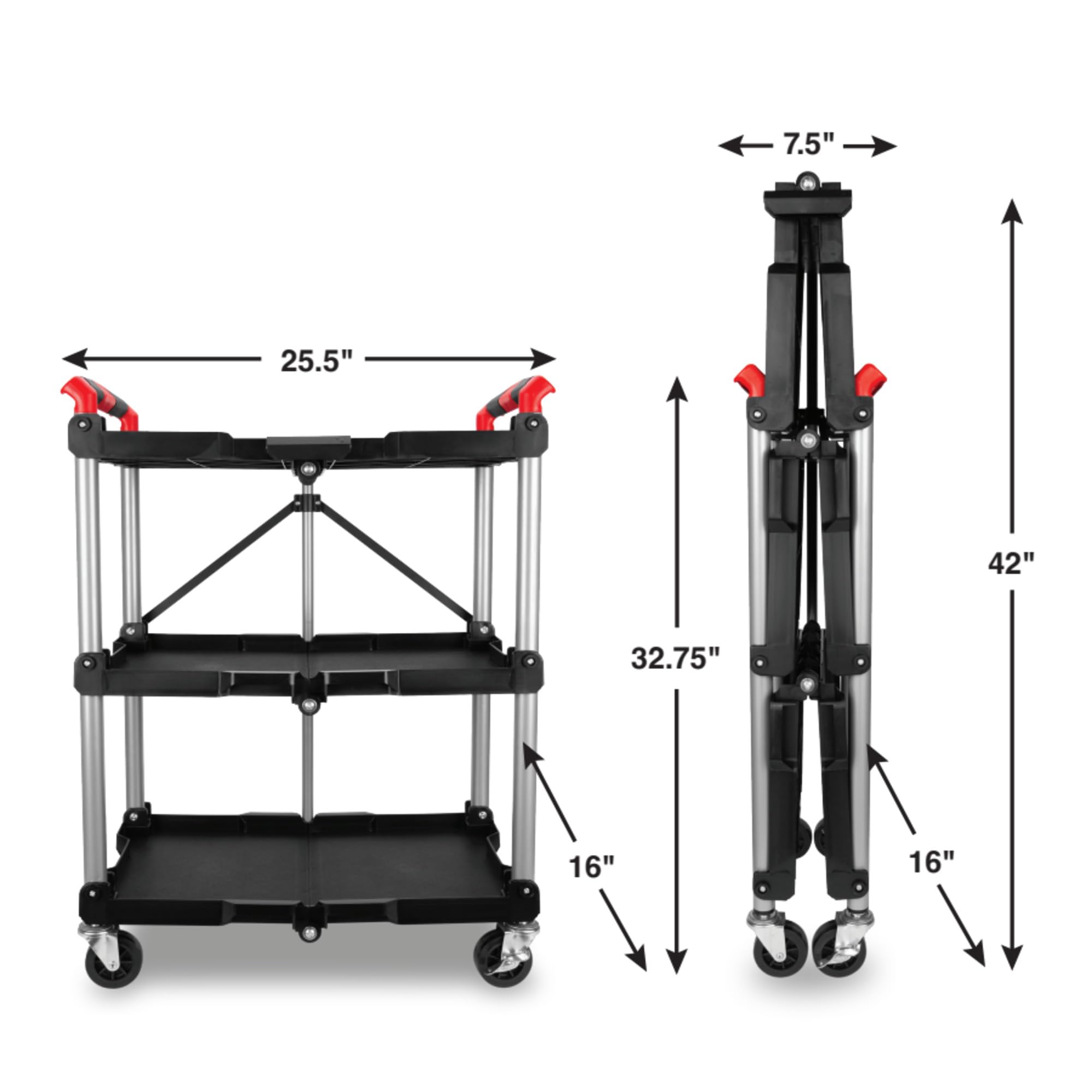 Folding Tool Cart Performance Tool W53990: 3-Shelf Rolling Cart, Collapsible, 200 lb Capacity, Aluminum Posts, Swivel Casters, No Assembly, Great for House, Home and Garage, Black