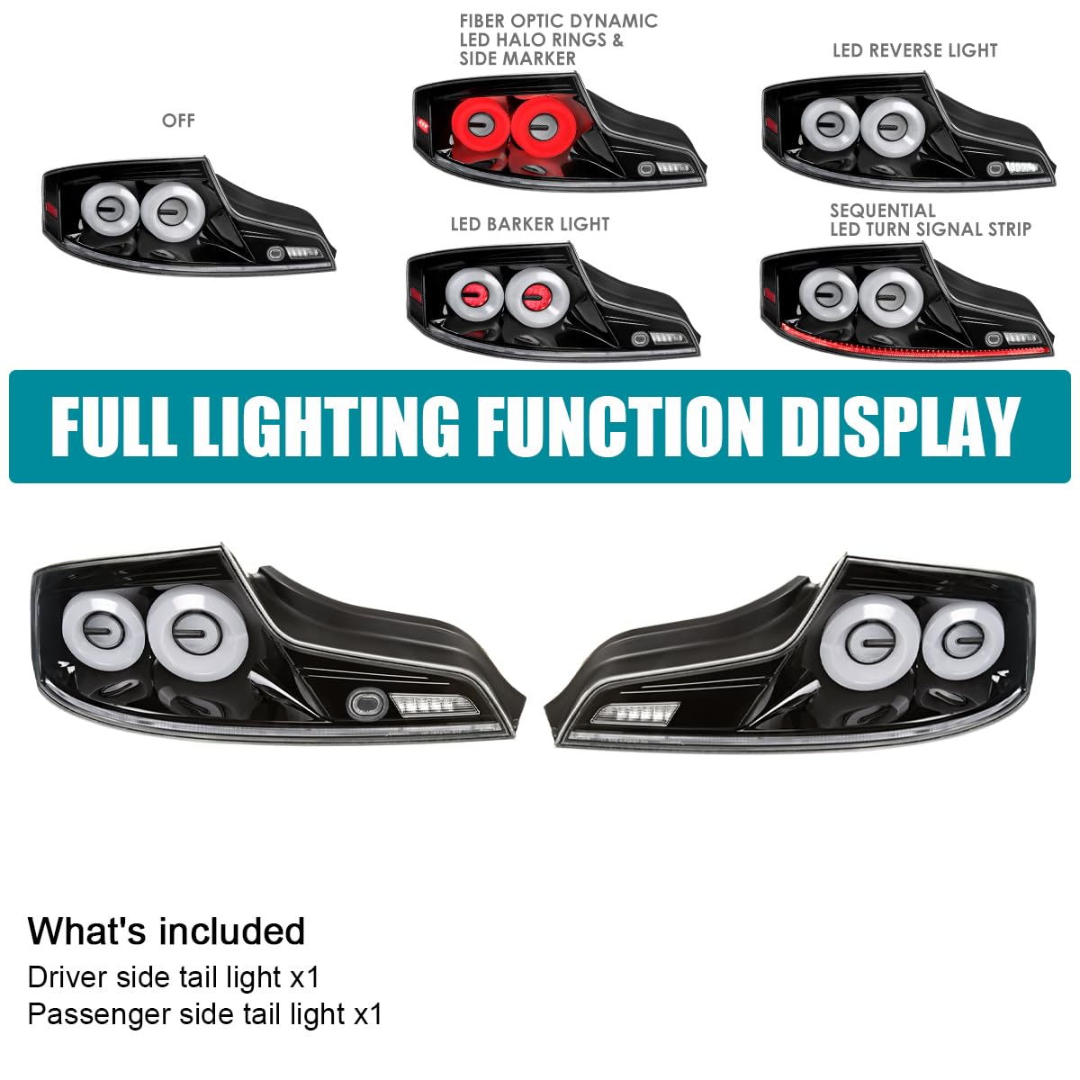 Full LED Tail Lights SPEC-D TUNING w/White Fiber Optic Halo Ring, Sequential Turn Signal, and Startup Animation Compatible with 2003-2007 Infiniti G35, Left + Right Pair Assembly