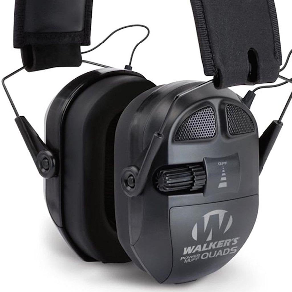 WALKER'S Power Muff Ultimate Quads - Hearing Protection Noise Reduction 26dB NRR Hunting Gun Range Shooting Electronic Earmuffs with AFT, 2 AAA Batteries Included