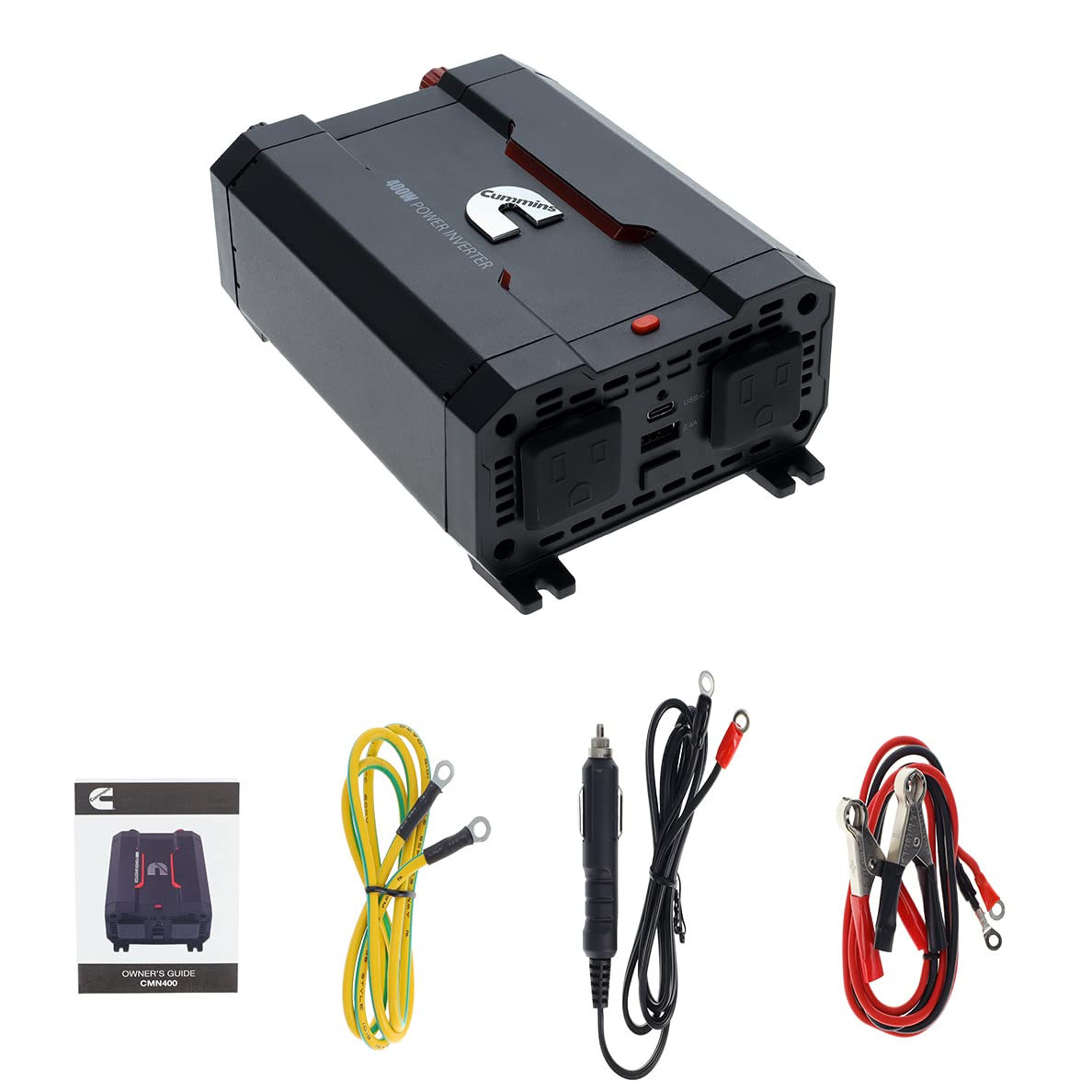 Cummins 400 Watt CMN400 Car Inverter DC 12 Volts to 110 Volts AC Converter (Full Kit Included) 2 AC Ports Plus 2.4A USB & Fast-Charge 3.0A USB-C