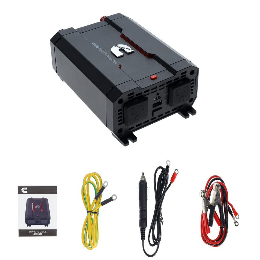 Cummins 400 Watt CMN400 Car Inverter DC 12 Volts to 110 Volts AC Converter (Full Kit Included) 2 AC Ports Plus 2.4A USB & Fast-Charge 3.0A USB-C