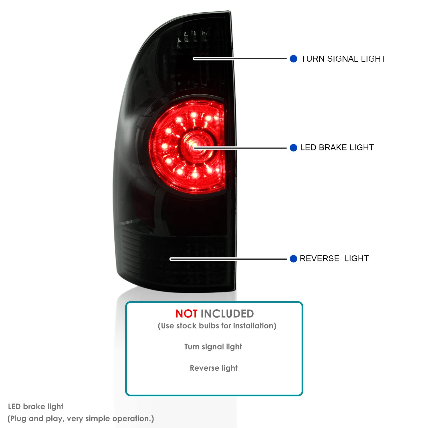 Smoke LED Tail Lights SPEC-D TUNING Compatible with 2005-2015 Toyota Tacoma, Left + Right Pair Assembly
