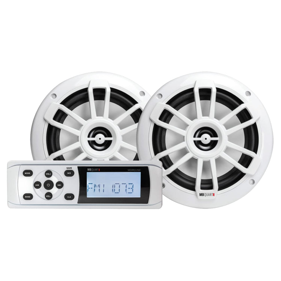 Marine Boat Speakers MB Quart with Bluetooth Source Unit (White) – 6.5 Inch, 160 Watt Each, Marine Grade Waterproof, LCD Display, Set of 2 Speakers
