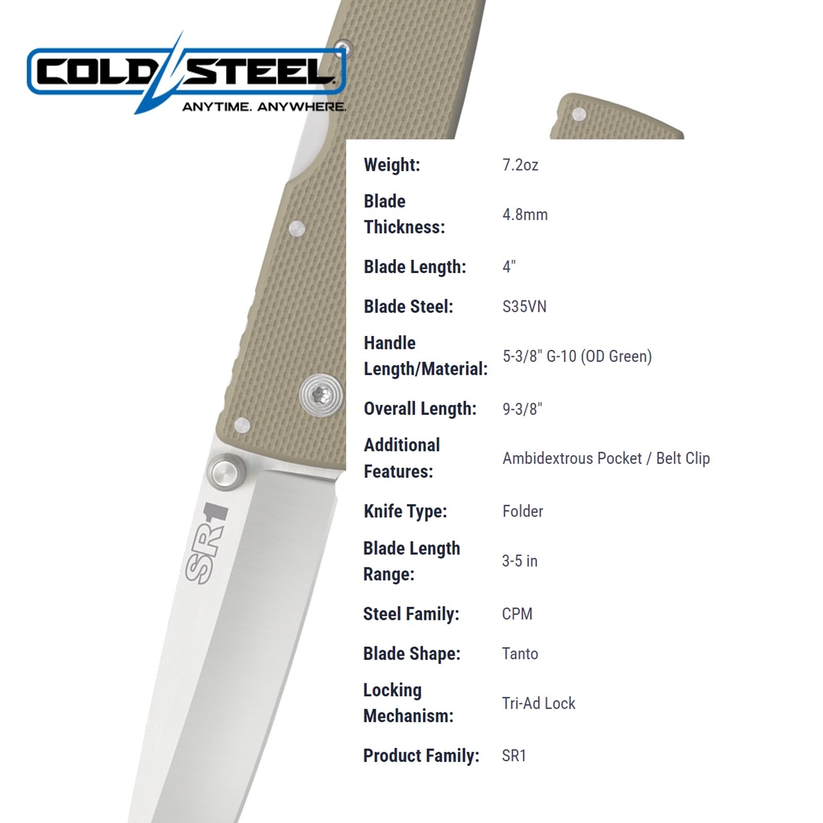 SR1 COLD STEEL S35VN Steel 4" Tanto Point Blade G-10 Handle Folding Knife with Tri-Ad Locking Mechanism and Pocket/Belt Clip