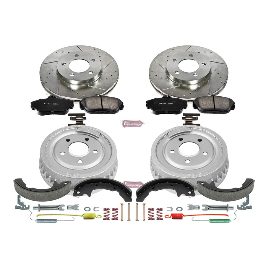 Power Stop K15101DK Z23 Carbon Fiber Brake Pads Front and Rear with Drilled & Slotted Brake Drums Kit For Ford Taurus 1994-2000, Mercury Sable 1994-2000 [Model Specific]