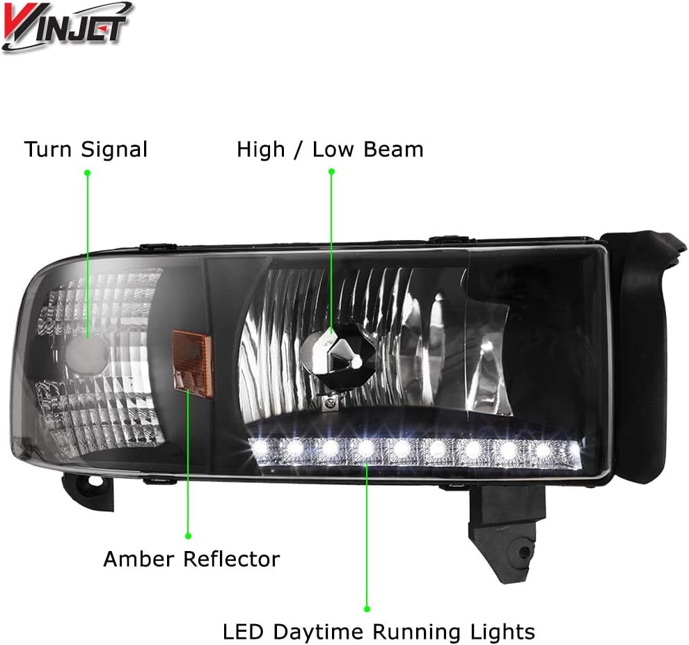 Headlight Assembly Replacement Winjet Street Series for [1994 1995 1996 1997 1998 1999 2000 2001 2002 Dodge RAM 1500/2500/3500/4000] LED DRL Headlights 1PAIR Driver & Passenger Side