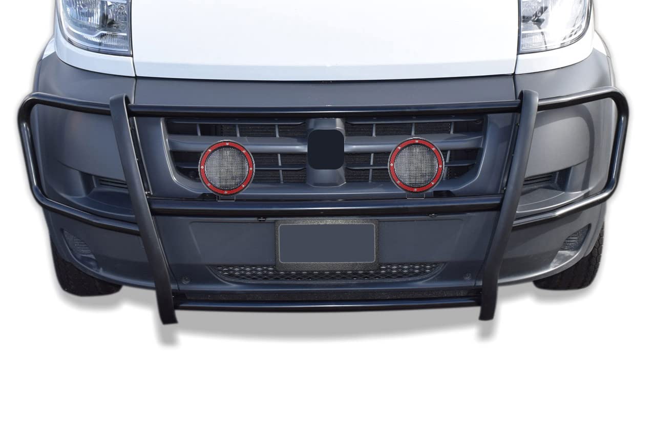 SPARTAN Black Horse Grille brush Bumper Guard Modular Black Come With Pair of 5.3"LED Light with Red Trim Rings Compatible with 2014-2022 Ram Promaster 1500/Promaster 2500/Promaster 3500-17DOPRMA-PLFR